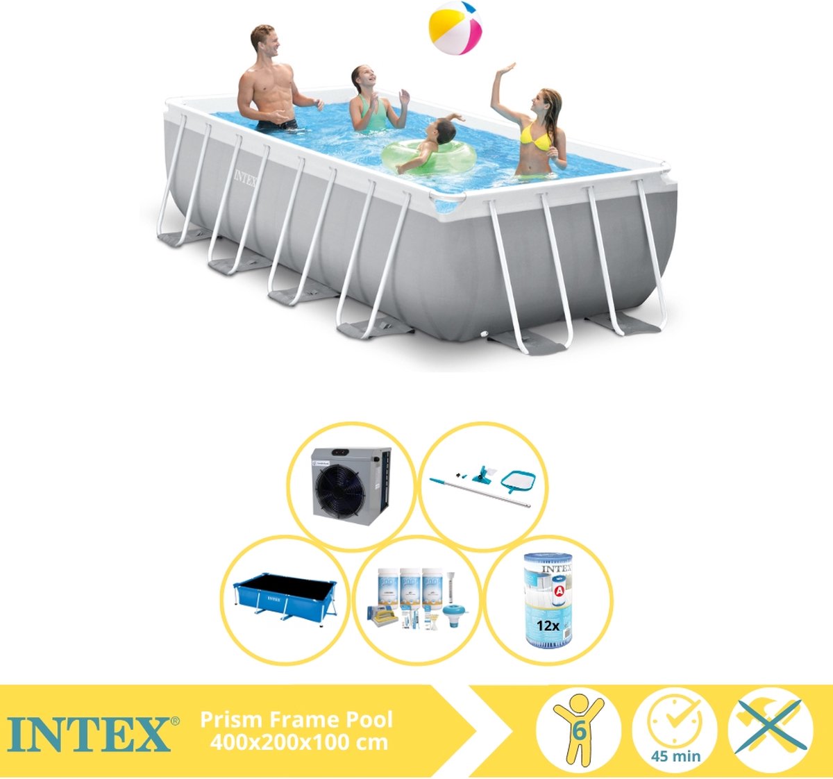 Intex Prism Frame Zwembad - Opzetzwembad - 400x200x100 cm - Inclusief Solarzeil, Onderhoudspakket, Filter, Onderhoudsset en Warmtepomp CP