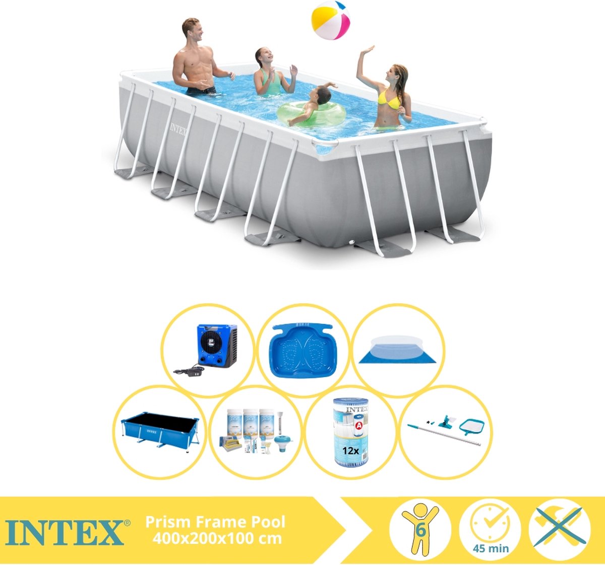 Intex Prism Frame Zwembad - Opzetzwembad - 400x200x100 cm - Inclusief Solarzeil Pro, Onderhoudspakket, Filter, Grondzeil, Onderhoudsset, Voetenbad en Warmtepomp HS