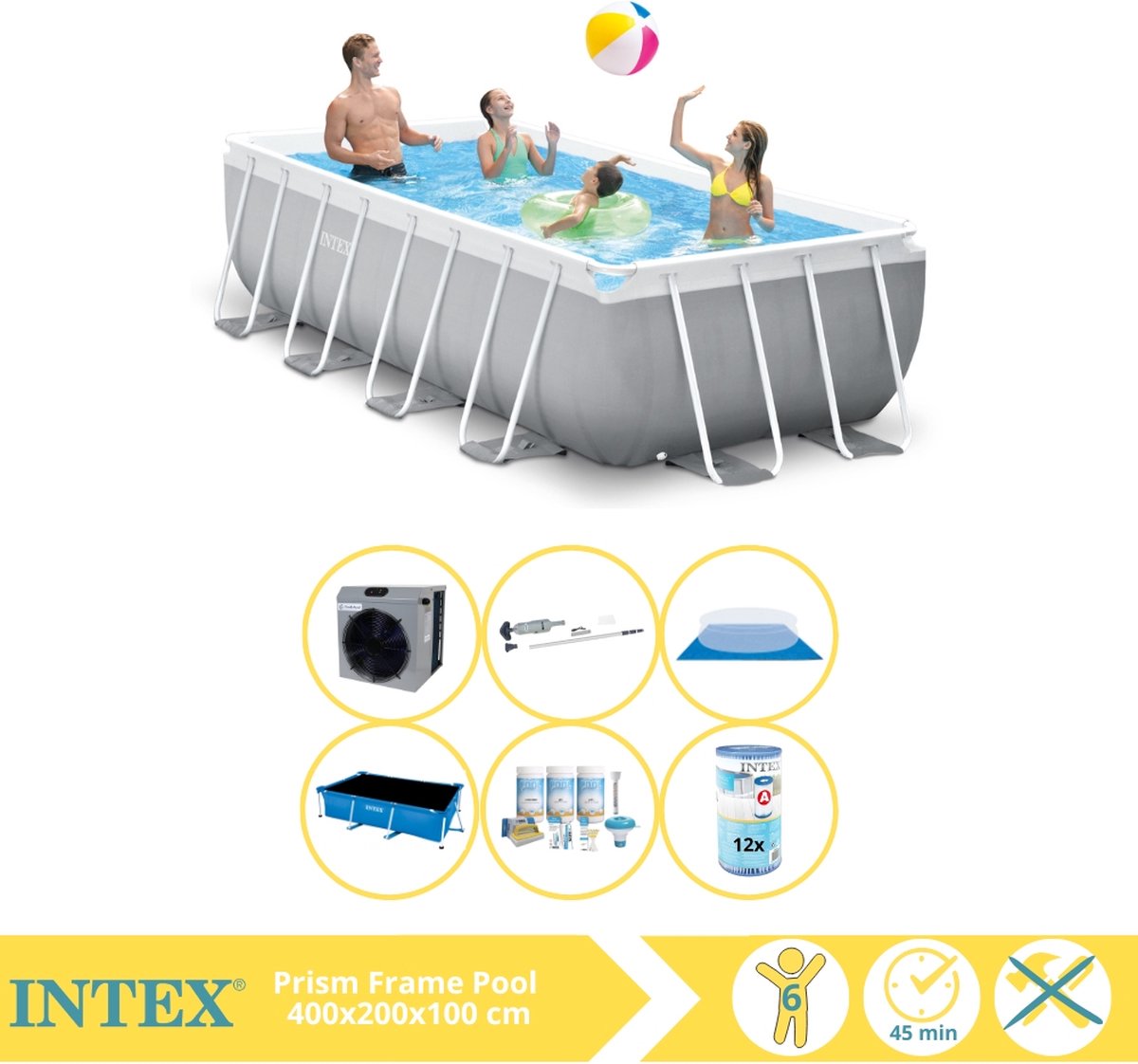 Intex Prism Frame Zwembad - Opzetzwembad - 400x200x100 cm - Inclusief Solarzeil Pro, Onderhoudspakket, Filter, Grondzeil, Stofzuiger en Warmtepomp CP