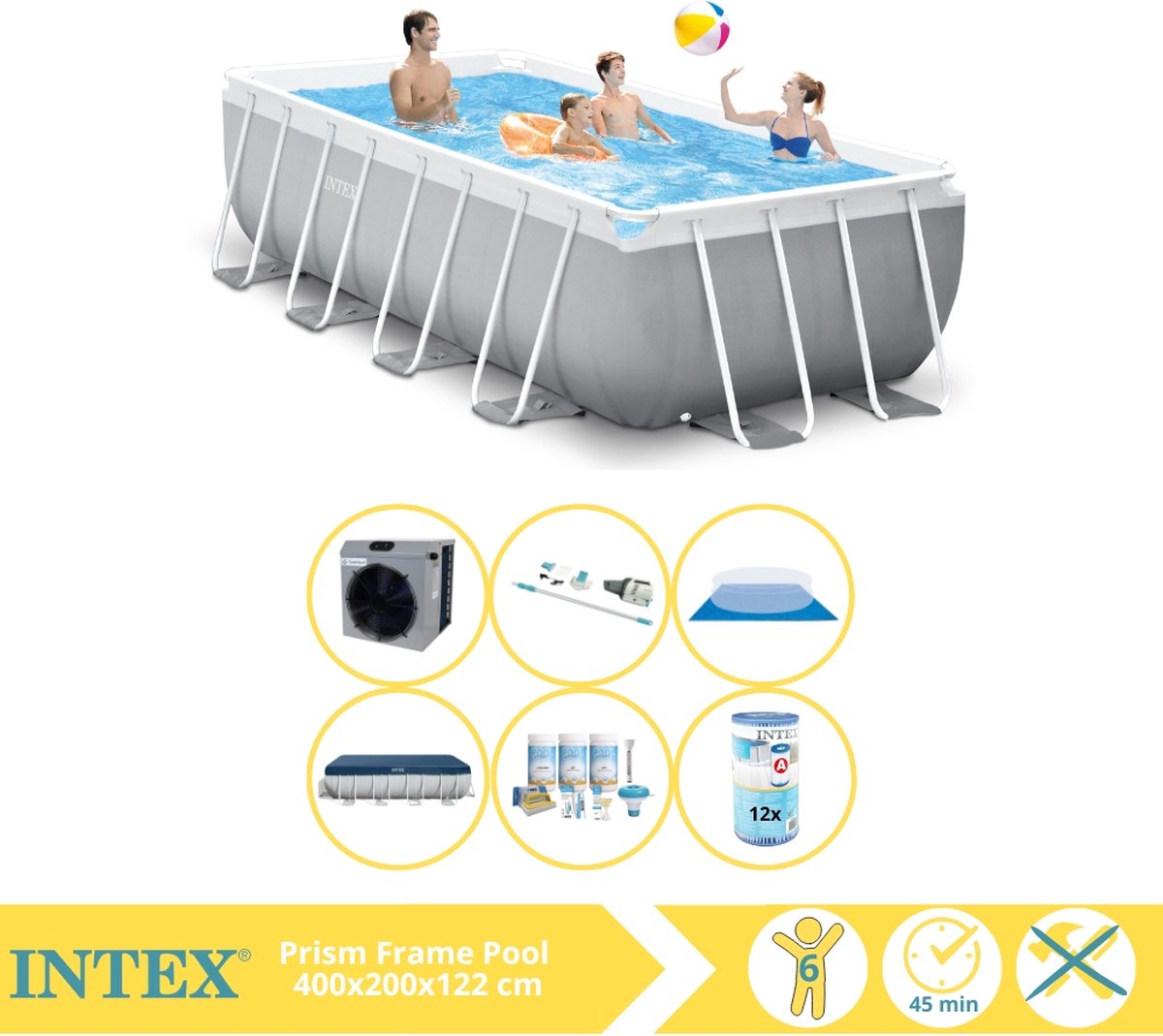 Intex Prism Frame Zwembad - Opzetzwembad - 400x200x122 cm - Inclusief Afdekzeil, Onderhoudspakket, Filter, Grondzeil, Stofzuiger en Warmtepomp CP