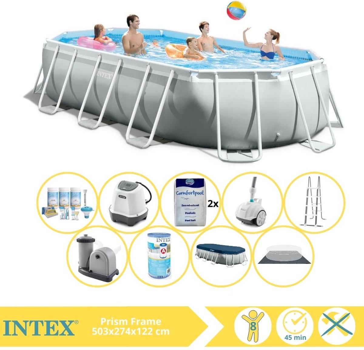   Prism Frame Zwembad - Opzetzwembad - 503x274x122 cm - Inclusief Filter, Zwembad Stofzuiger, Zoutsysteem en Zout