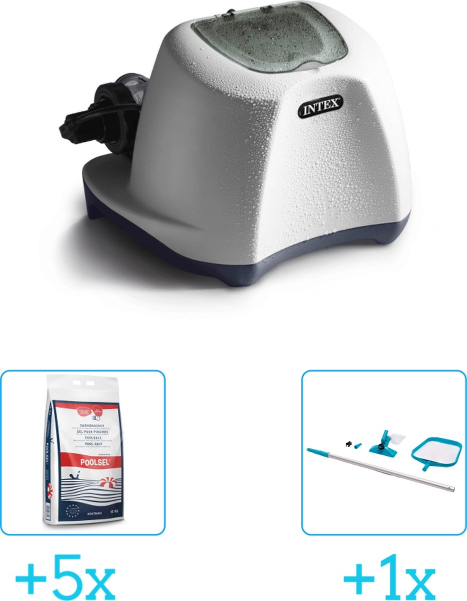 Intex QS1200 zoutwwatersysteem - Zwembaden tot 56.800 liter inclusief Zwembadzout 15 kg. (5 stuks) & Intex Onderhoudsset met telescoopsteel - 2-delig - 28002 (1 stuks)