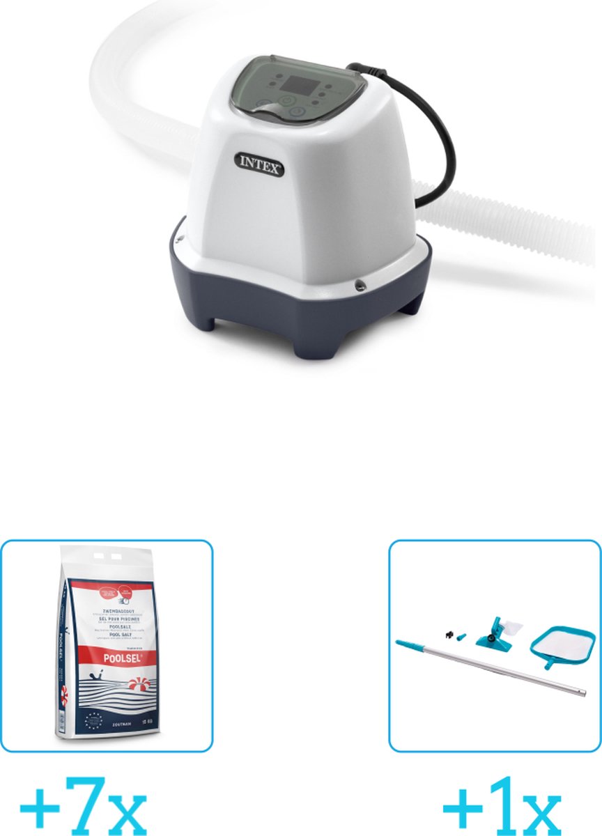   QS200 zoutwatersysteem - Zwembaden tot 8.327 liter inclusief Zwembadzout 15 kg. (7 stuks) &   Onderhoudsset met telescoopsteel - 2-delig - 28002 (1 stuks)