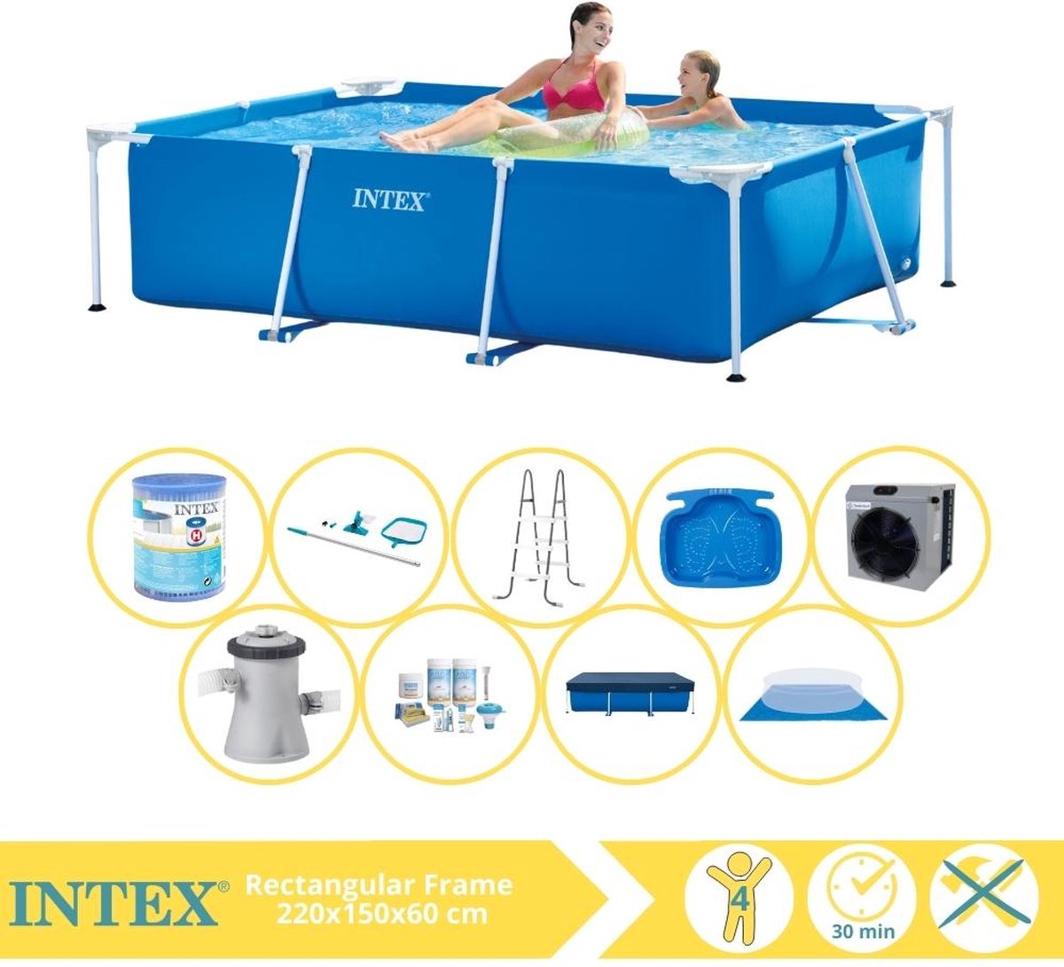   Rectangular Frame Zwembad - Opzetzwembad - 220x150x60 cm - Inclusief Afdekzeil, Onderhoudspakket, Zwembadpomp, Filter, Grondzeil, Onderhoudsset, Trap, Voetenbad en Warmtepomp CP