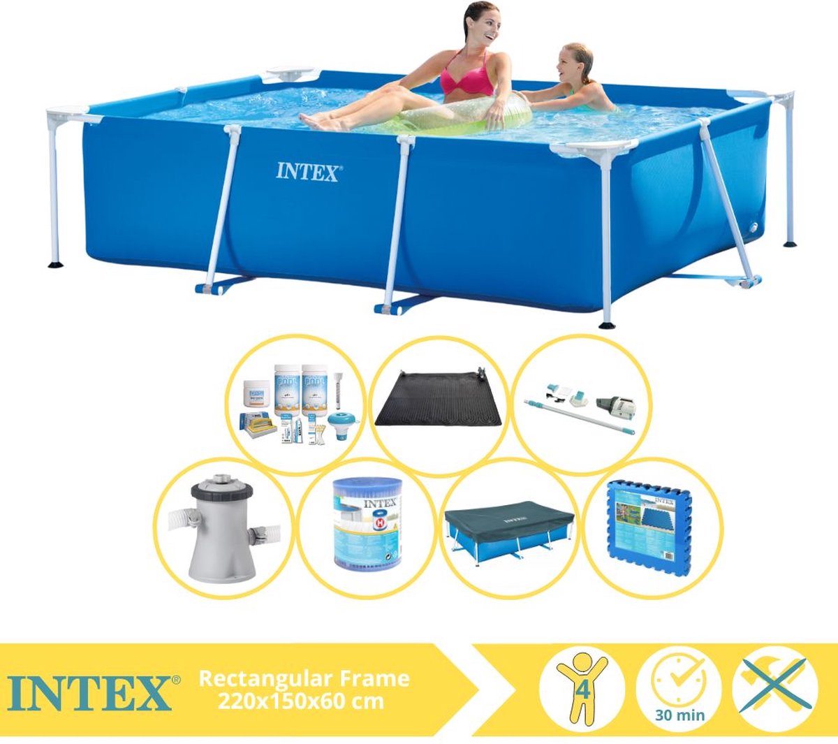   Rectangular Frame Zwembad - Opzetzwembad - 220x150x60 cm - Inclusief Afdekzeil, Onderhoudspakket, Zwembadpomp, Filter, Stofzuiger, Solar Mat en Zwembadtegels