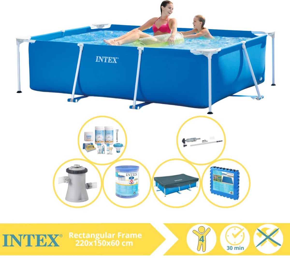   Rectangular Frame Zwembad - Opzetzwembad - 220x150x60 cm - Inclusief Afdekzeil, Onderhoudspakket, Zwembadpomp, Filter, Stofzuiger en Zwembadtegels