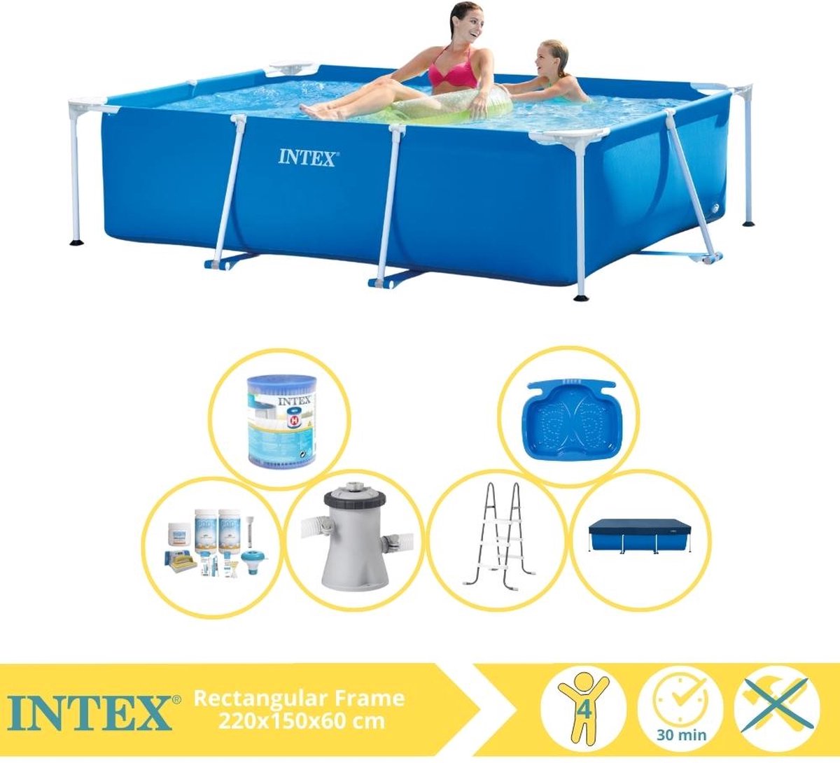   Rectangular Frame Zwembad - Opzetzwembad - 220x150x60 cm - Inclusief Afdekzeil, Onderhoudspakket, Zwembadpomp, Filter, Trap en Voetenbad