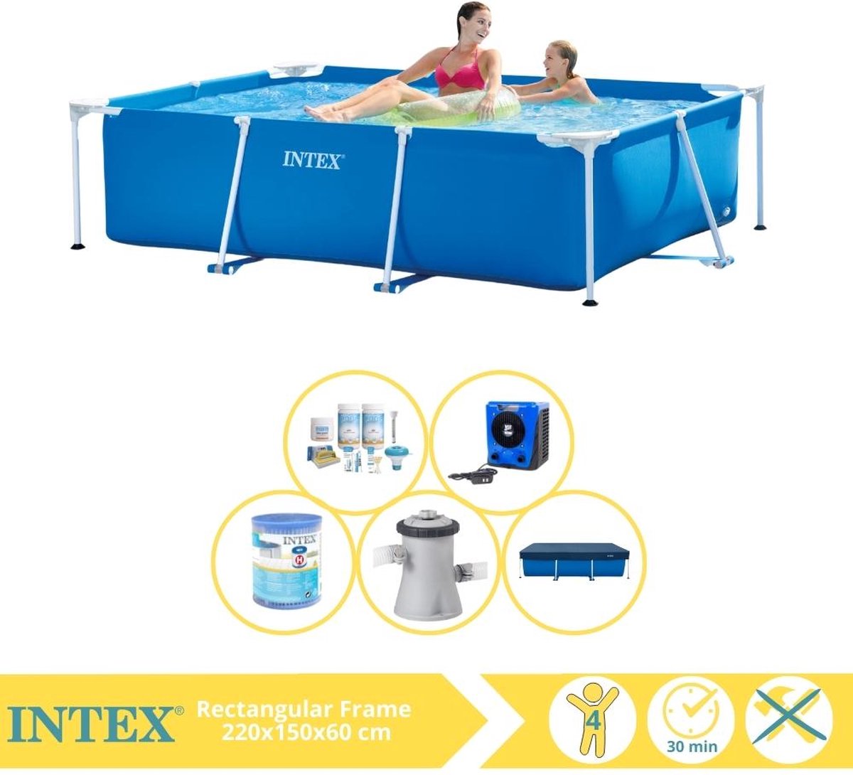   Rectangular Frame Zwembad - Opzetzwembad - 220x150x60 cm - Inclusief Afdekzeil, Onderhoudspakket, Zwembadpomp, Filter en Warmtepomp HS