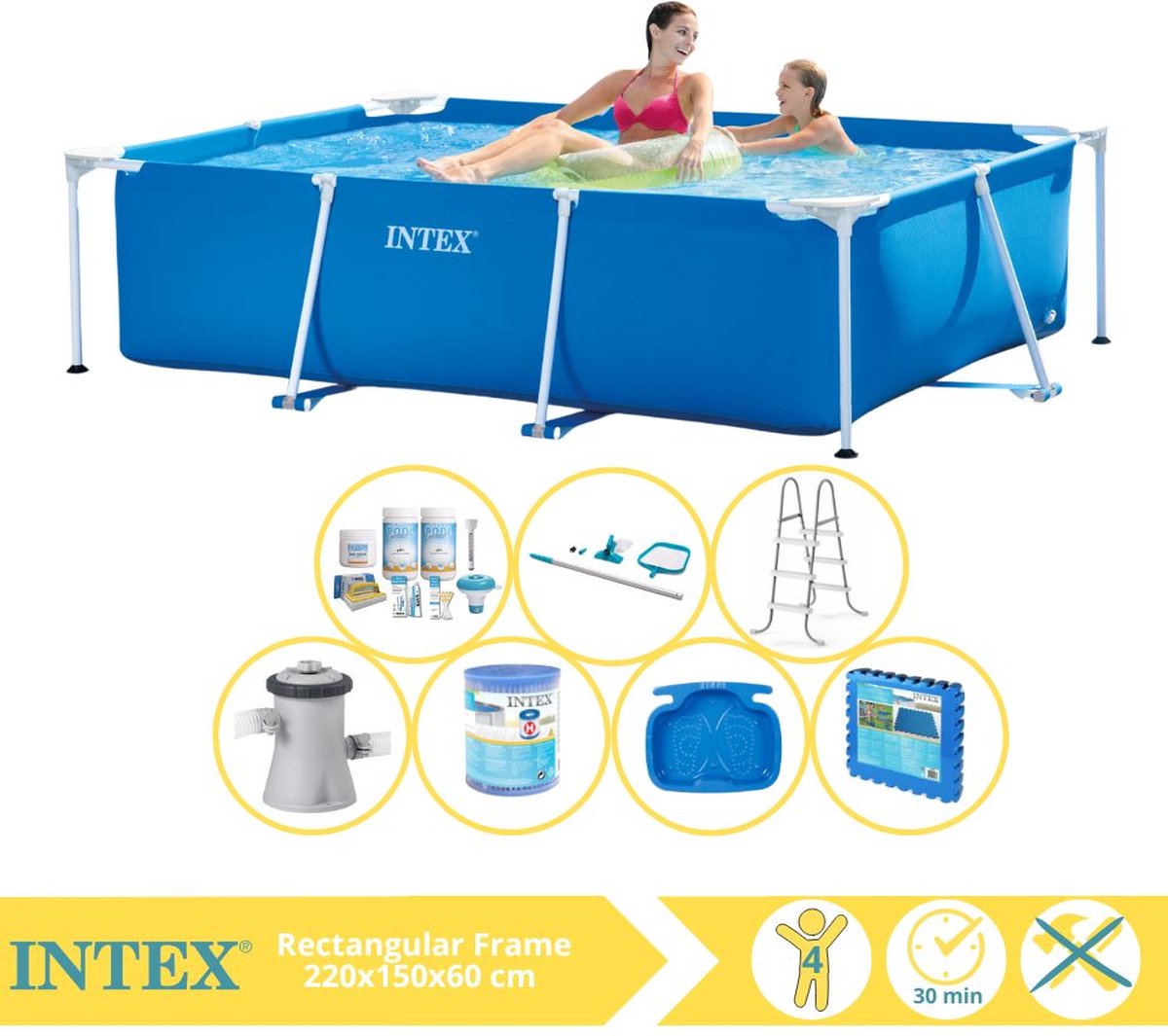   Rectangular Frame Zwembad - Opzetzwembad - 220x150x60 cm - Inclusief Onderhoudspakket, Zwembadpomp, Filter, Onderhoudsset, Trap, Voetenbad en Zwembadtegels
