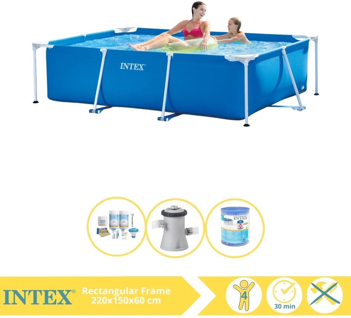   Rectangular Frame Zwembad - Opzetzwembad - 220x150x60 cm - Inclusief Onderhoudspakket, Zwembadpomp en Filter