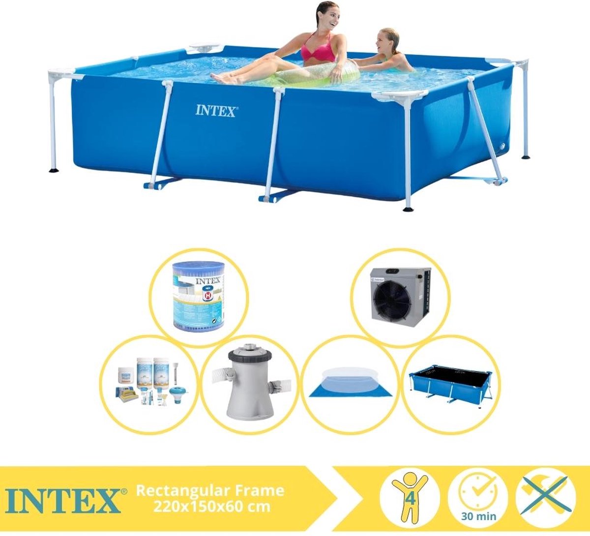   Rectangular Frame Zwembad - Opzetzwembad - 220x150x60 cm - Inclusief Solarzeil Pro, Onderhoudspakket, Zwembadpomp, Filter, Grondzeil en Warmtepomp CP