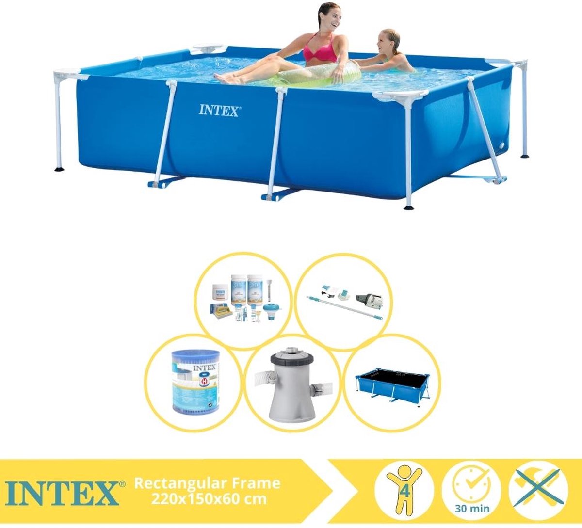   Rectangular Frame Zwembad - Opzetzwembad - 220x150x60 cm - Inclusief Solarzeil Pro, Onderhoudspakket, Zwembadpomp, Filter en Stofzuiger