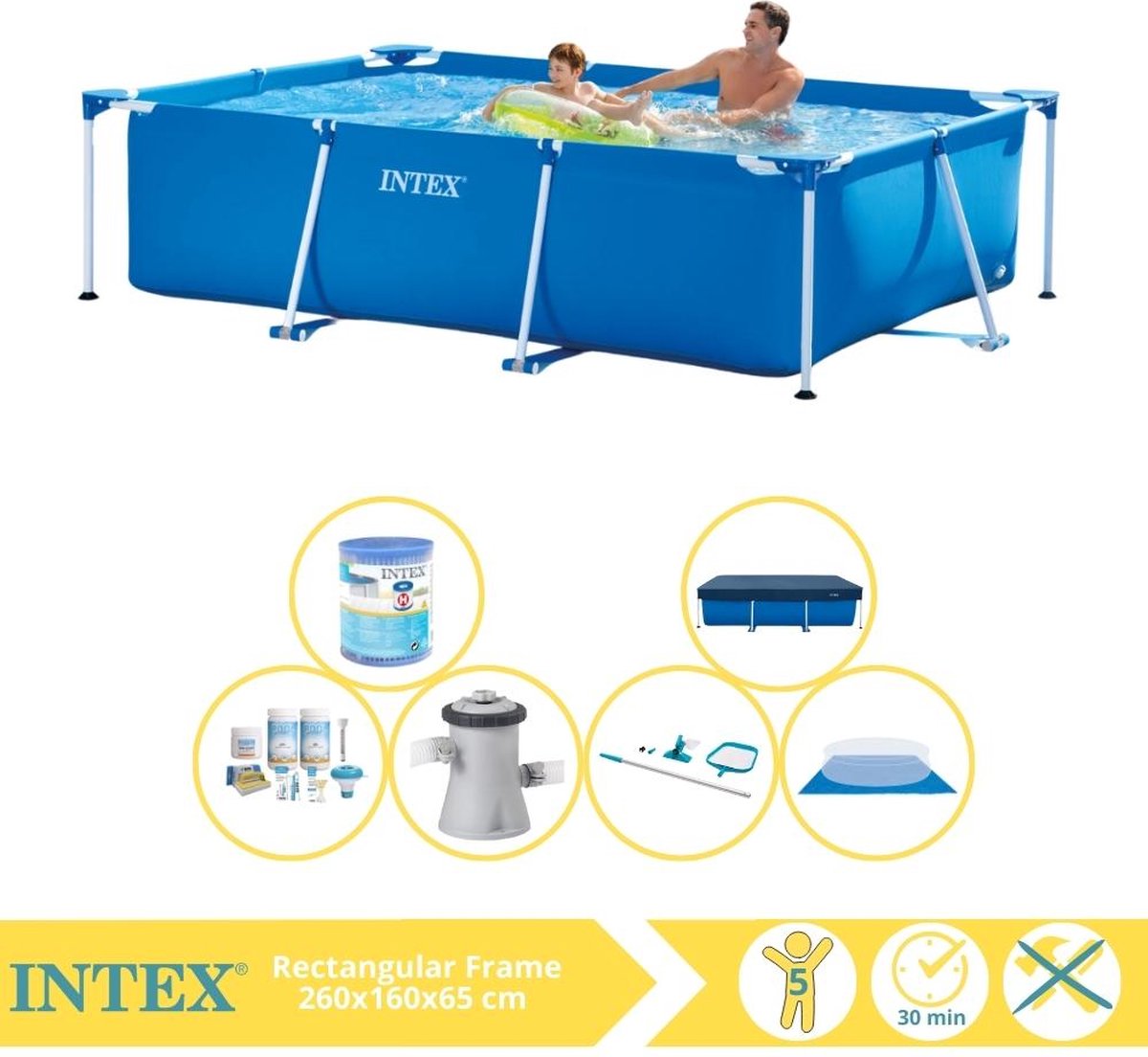   Rectangular Frame Zwembad - Opzetzwembad - 260x160x65 cm - Inclusief Afdekzeil, Onderhoudspakket, Zwembadpomp, Filter, Grondzeil en Onderhoudsset