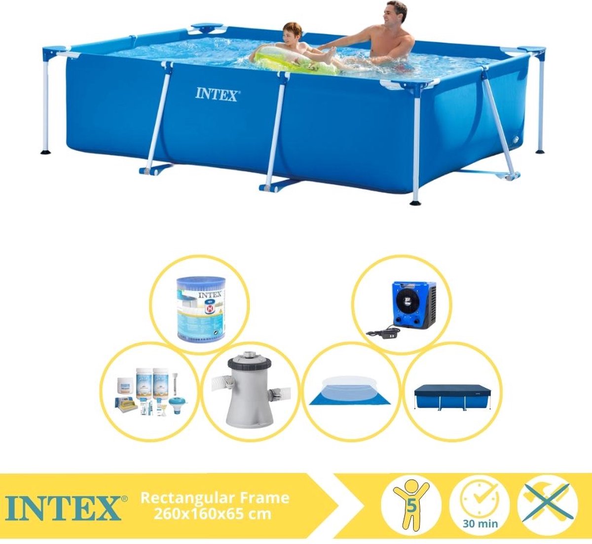   Rectangular Frame Zwembad - Opzetzwembad - 260x160x65 cm - Inclusief Afdekzeil, Onderhoudspakket, Zwembadpomp, Filter, Grondzeil en Warmtepomp HS