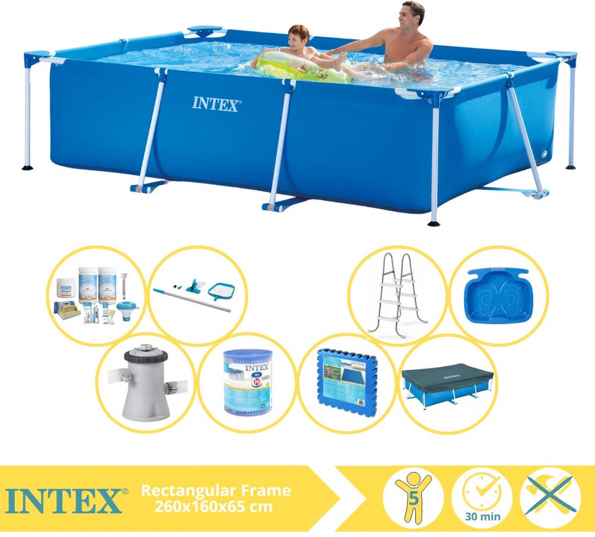   Rectangular Frame Zwembad - Opzetzwembad - 260x160x65 cm - Inclusief Afdekzeil, Onderhoudspakket, Zwembadpomp, Filter, Onderhoudsset, Trap, Voetenbad en Zwembadtegels