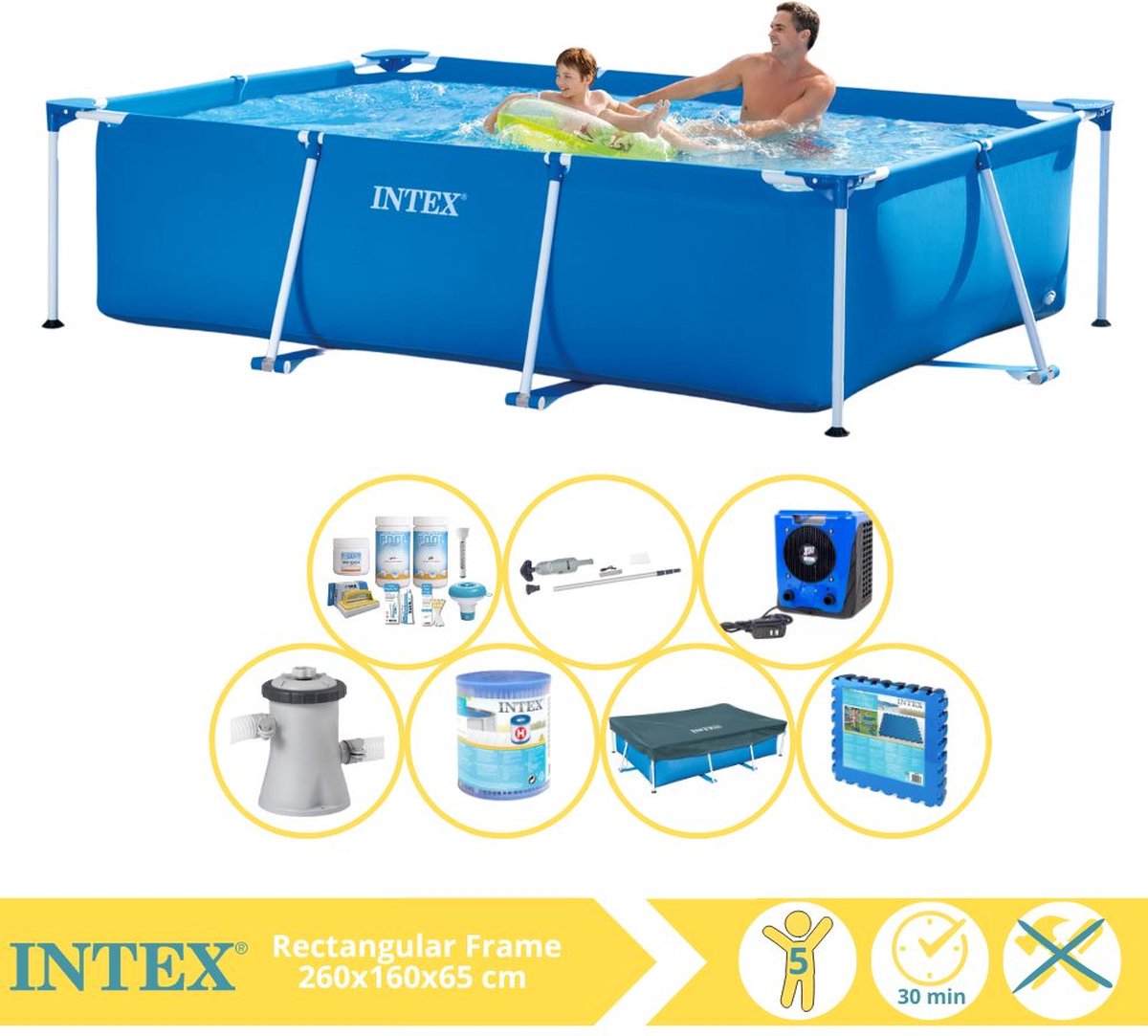   Rectangular Frame Zwembad - Opzetzwembad - 260x160x65 cm - Inclusief Afdekzeil, Onderhoudspakket, Zwembadpomp, Filter, Stofzuiger, Zwembadtegels en Warmtepomp HS