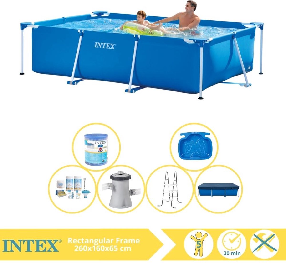   Rectangular Frame Zwembad - Opzetzwembad - 260x160x65 cm - Inclusief Afdekzeil, Onderhoudspakket, Zwembadpomp, Filter, Trap en Voetenbad