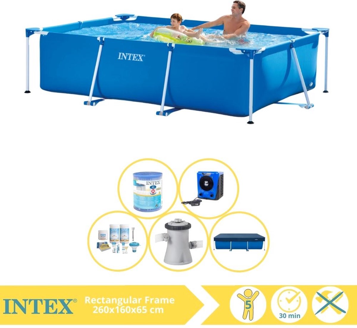   Rectangular Frame Zwembad - Opzetzwembad - 260x160x65 cm - Inclusief Afdekzeil, Onderhoudspakket, Zwembadpomp, Filter en Warmtepomp HS