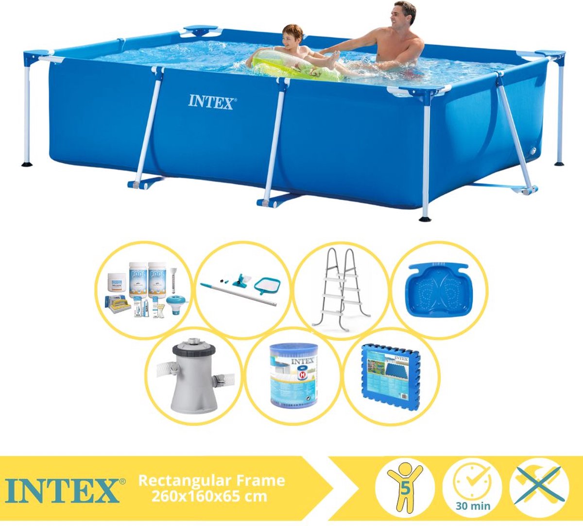   Rectangular Frame Zwembad - Opzetzwembad - 260x160x65 cm - Inclusief Onderhoudspakket, Zwembadpomp, Filter, Onderhoudsset, Trap, Voetenbad en Zwembadtegels