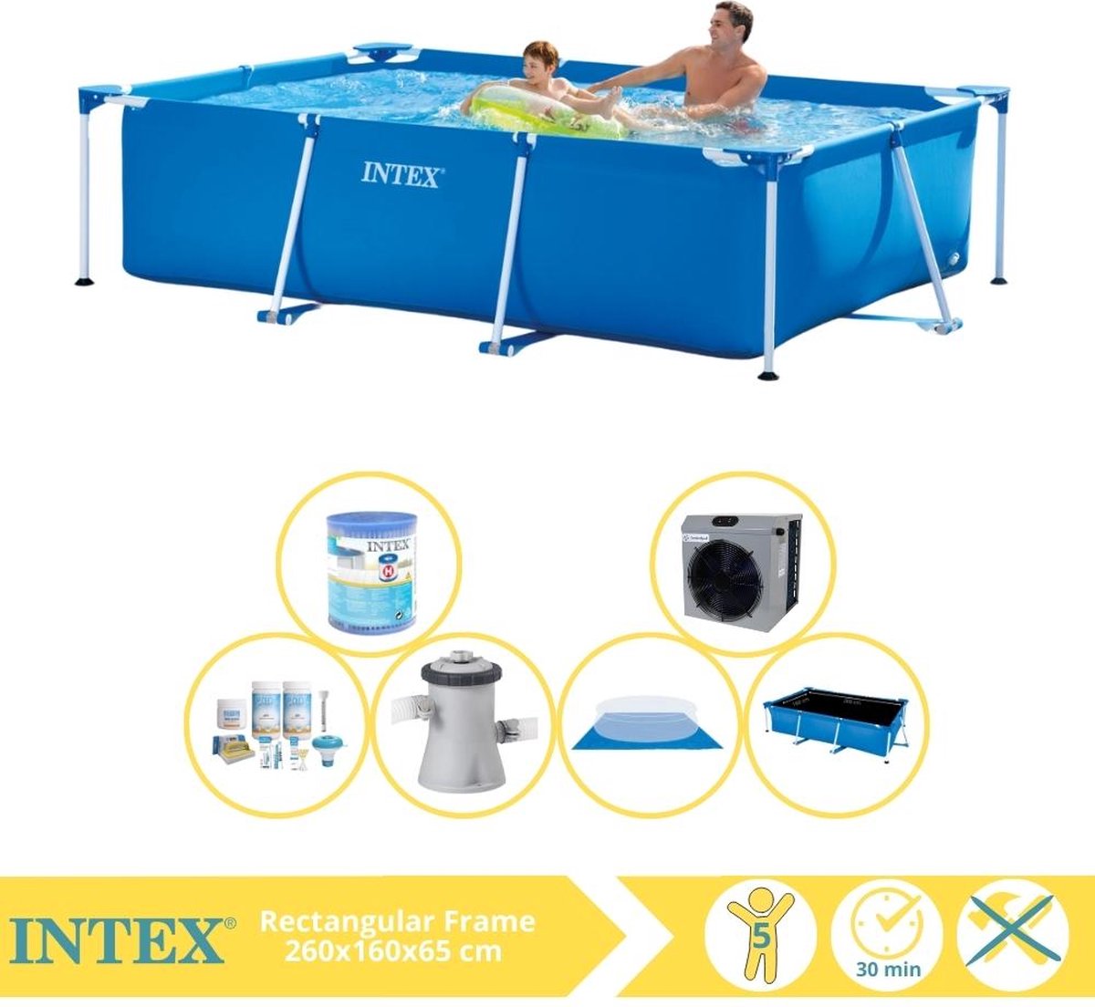   Rectangular Frame Zwembad - Opzetzwembad - 260x160x65 cm - Inclusief Solarzeil Pro, Onderhoudspakket, Zwembadpomp, Filter, Grondzeil en Warmtepomp CP