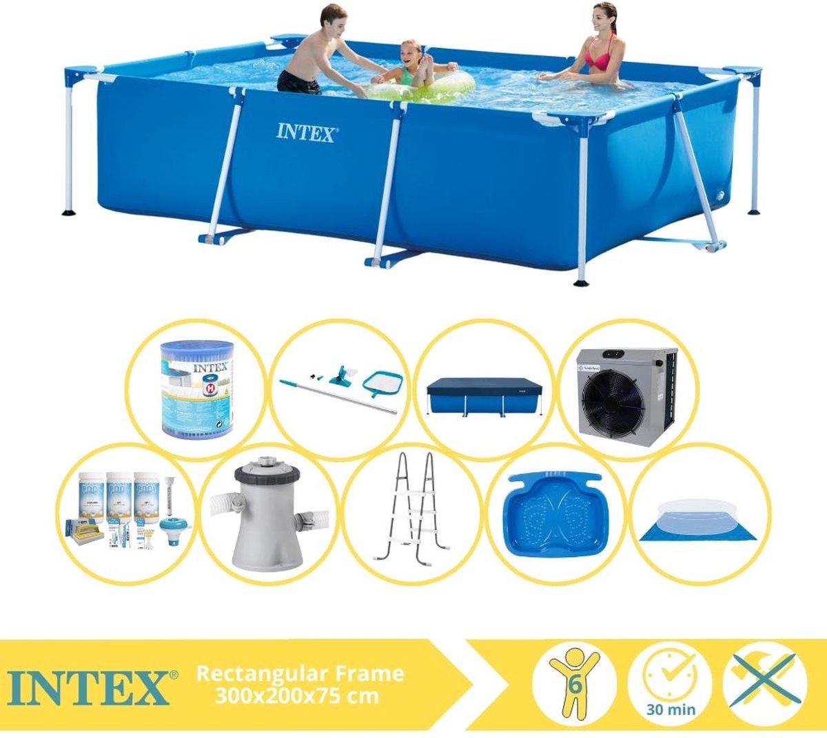   Rectangular Frame Zwembad - Opzetzwembad - 300x200x75 cm - Inclusief Afdekzeil, Onderhoudspakket, Zwembadpomp, Filter, Grondzeil, Onderhoudsset, Trap, Voetenbad en Warmtepomp CP