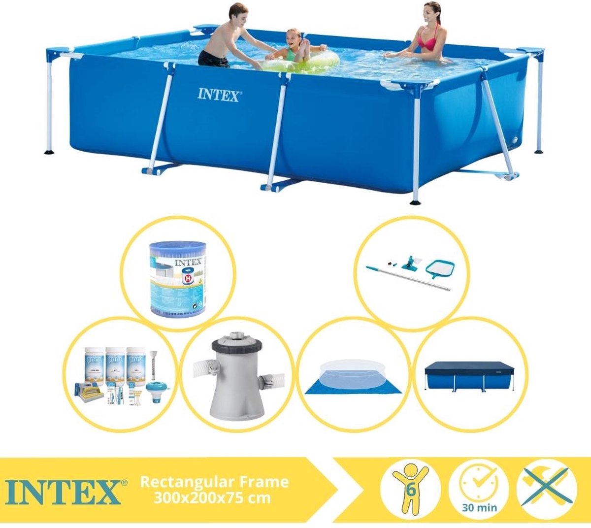   Rectangular Frame Zwembad - Opzetzwembad - 300x200x75 cm - Inclusief Afdekzeil, Onderhoudspakket, Zwembadpomp, Filter, Grondzeil en Onderhoudsset