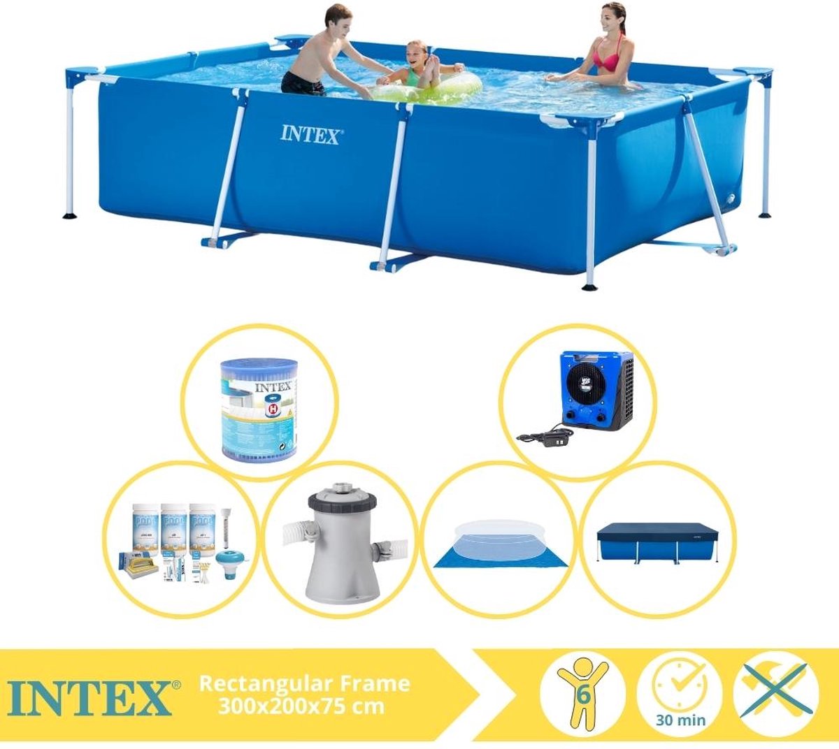   Rectangular Frame Zwembad - Opzetzwembad - 300x200x75 cm - Inclusief Afdekzeil, Onderhoudspakket, Zwembadpomp, Filter, Grondzeil en Warmtepomp HS