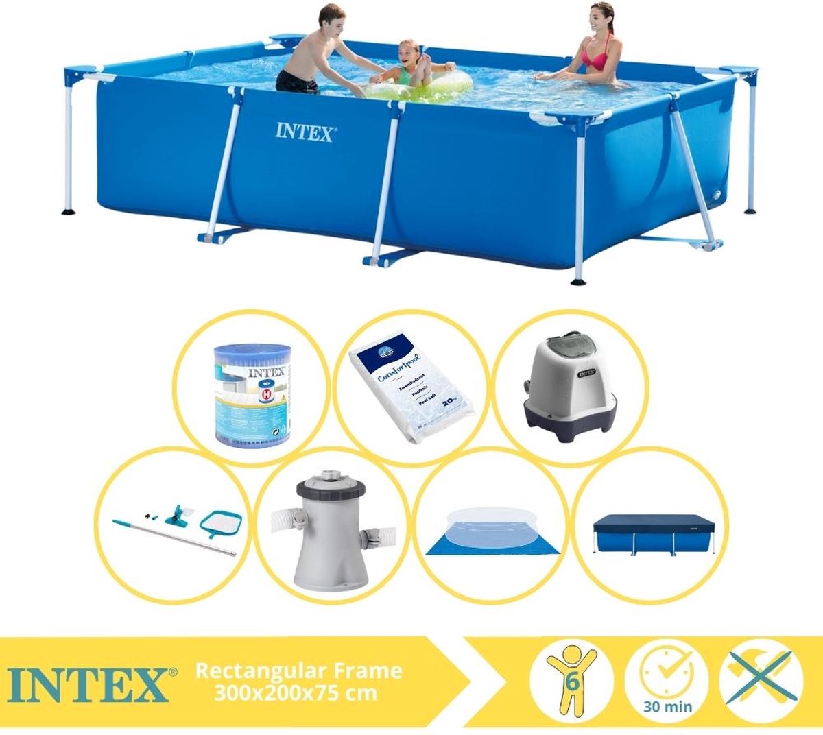   Rectangular Frame Zwembad - Opzetzwembad - 300x200x75 cm - Inclusief Afdekzeil, Zwembadpomp, Filter, Grondzeil, Onderhoudsset, Zoutsysteem en Zout