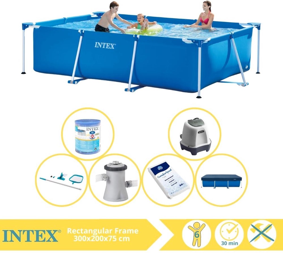  Rectangular Frame Zwembad - Opzetzwembad - 300x200x75 cm - Inclusief Afdekzeil, Zwembadpomp, Filter, Onderhoudsset, Zoutsysteem en Zout