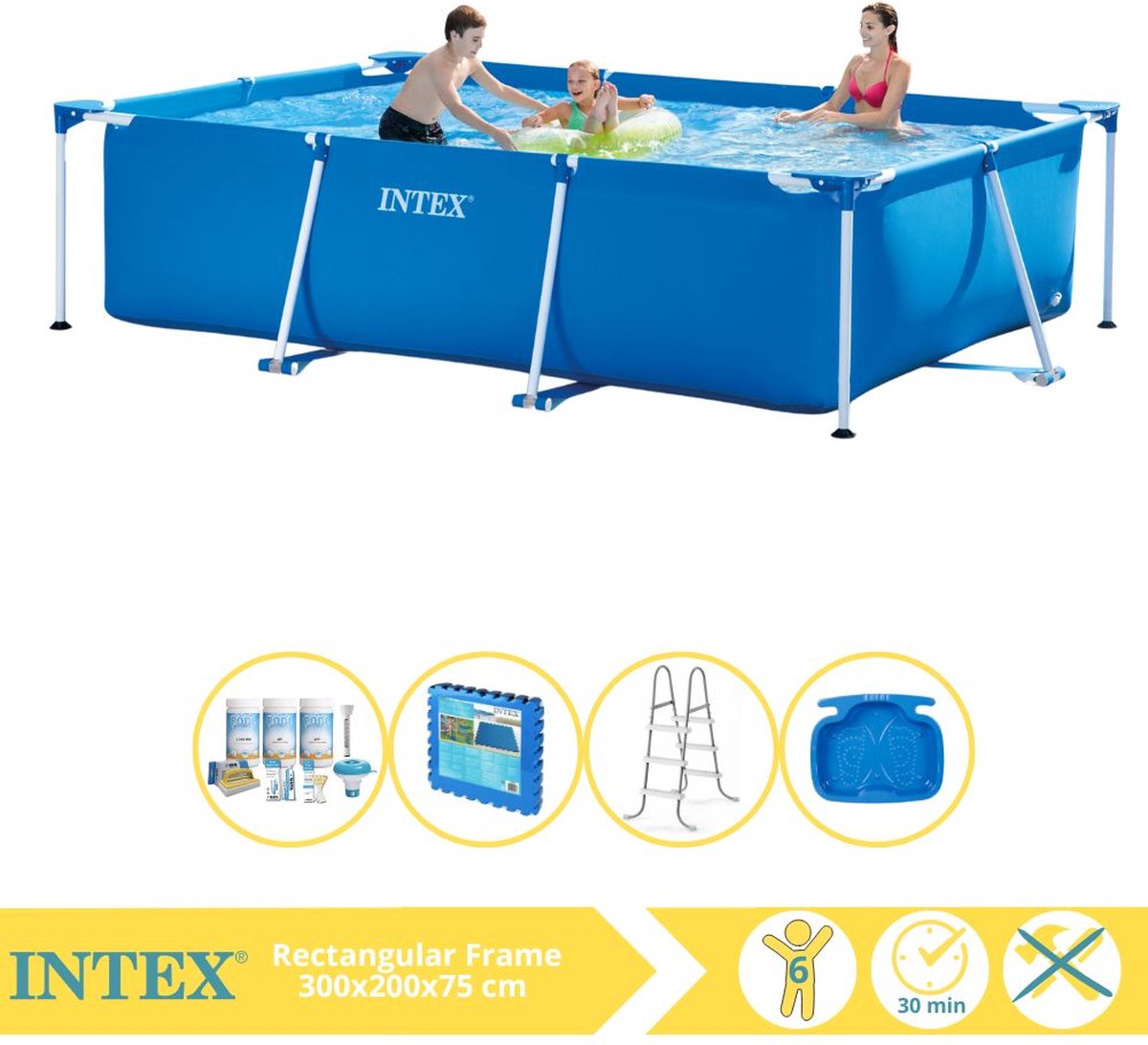   Rectangular Frame Zwembad - Opzetzwembad - 300x200x75 cm - Inclusief Onderhoudspakket, Trap, Voetenbad en Zwembadtegels