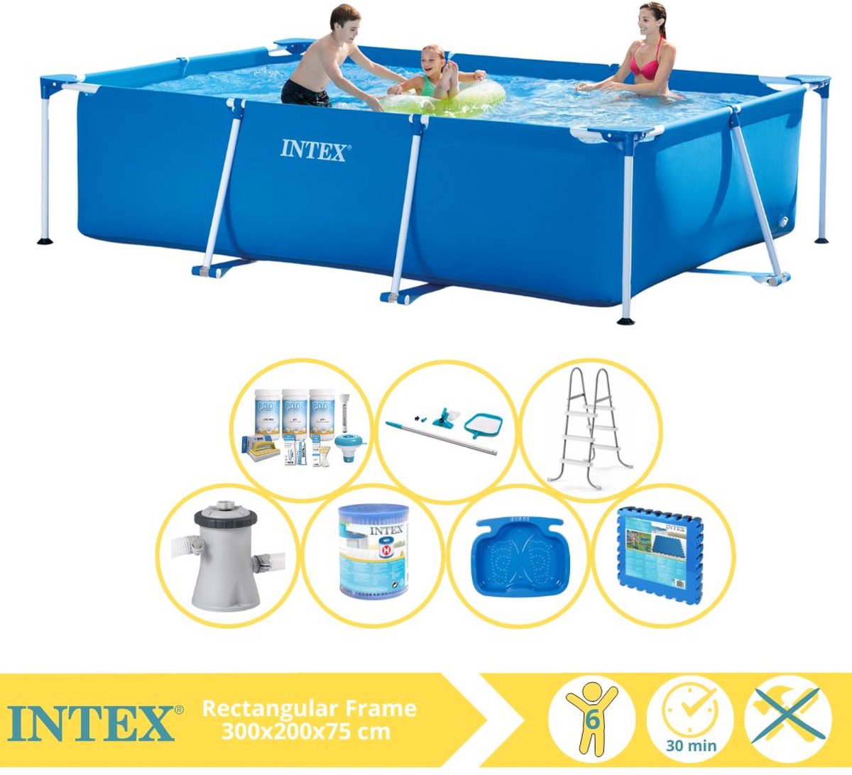   Rectangular Frame Zwembad - Opzetzwembad - 300x200x75 cm - Inclusief Onderhoudspakket, Zwembadpomp, Filter, Onderhoudsset, Trap, Voetenbad en Zwembadtegels