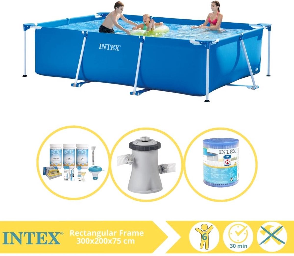   Rectangular Frame Zwembad - Opzetzwembad - 300x200x75 cm - Inclusief Onderhoudspakket, Zwembadpomp en Filter