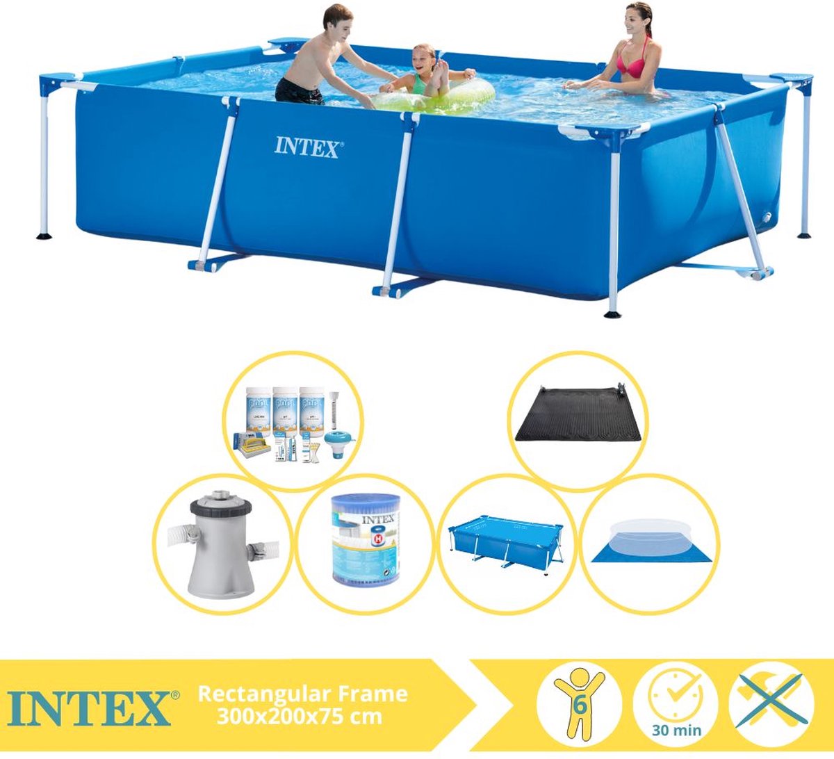   Rectangular Frame Zwembad - Opzetzwembad - 300x200x75 cm - Inclusief Solarzeil, Onderhoudspakket, Zwembadpomp, Filter, Grondzeil en Solar Mat