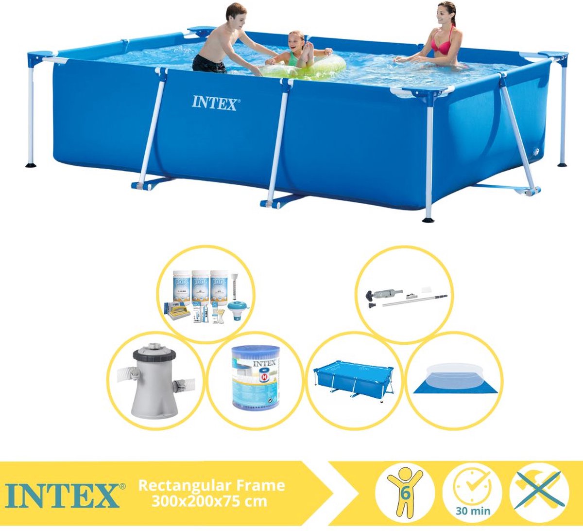   Rectangular Frame Zwembad - Opzetzwembad - 300x200x75 cm - Inclusief Solarzeil, Onderhoudspakket, Zwembadpomp, Filter, Grondzeil en Stofzuiger