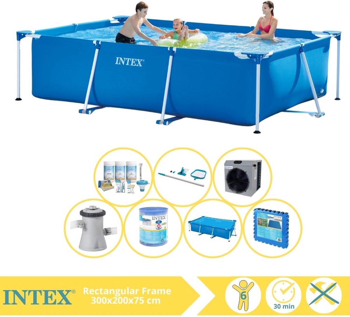   Rectangular Frame Zwembad - Opzetzwembad - 300x200x75 cm - Inclusief Solarzeil, Onderhoudspakket, Zwembadpomp, Filter, Onderhoudsset, Zwembadtegels en Warmtepomp CP