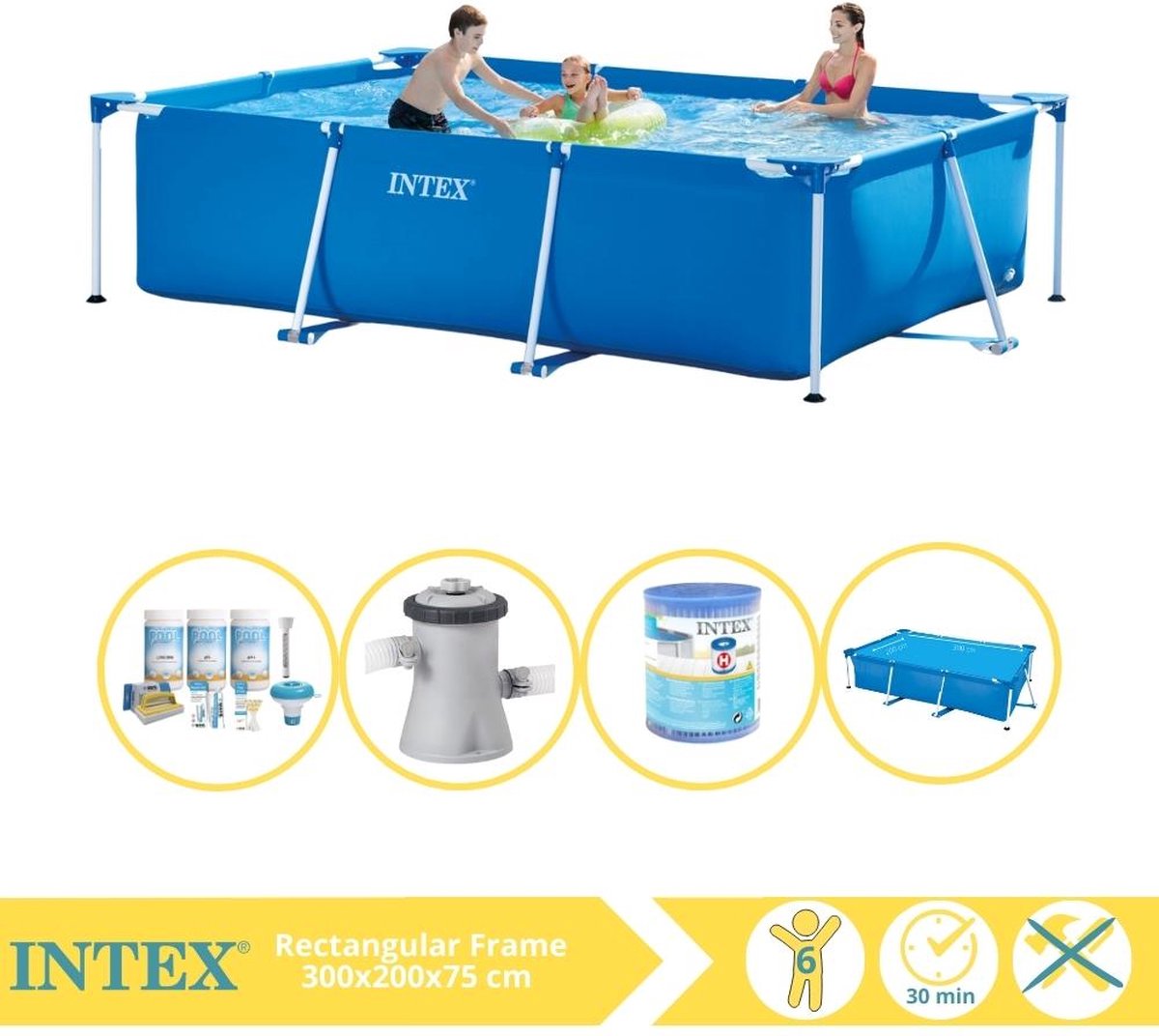   Rectangular Frame Zwembad - Opzetzwembad - 300x200x75 cm - Inclusief Solarzeil, Onderhoudspakket, Zwembadpomp en Filter