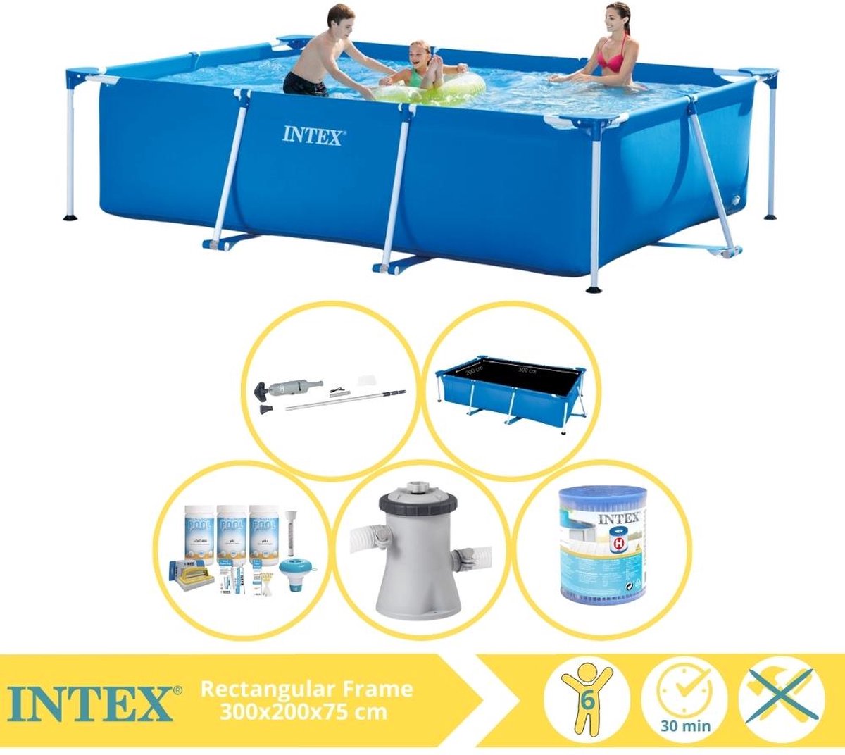   Rectangular Frame Zwembad - Opzetzwembad - 300x200x75 cm - Inclusief Solarzeil Pro, Onderhoudspakket, Zwembadpomp, Filter en Stofzuiger