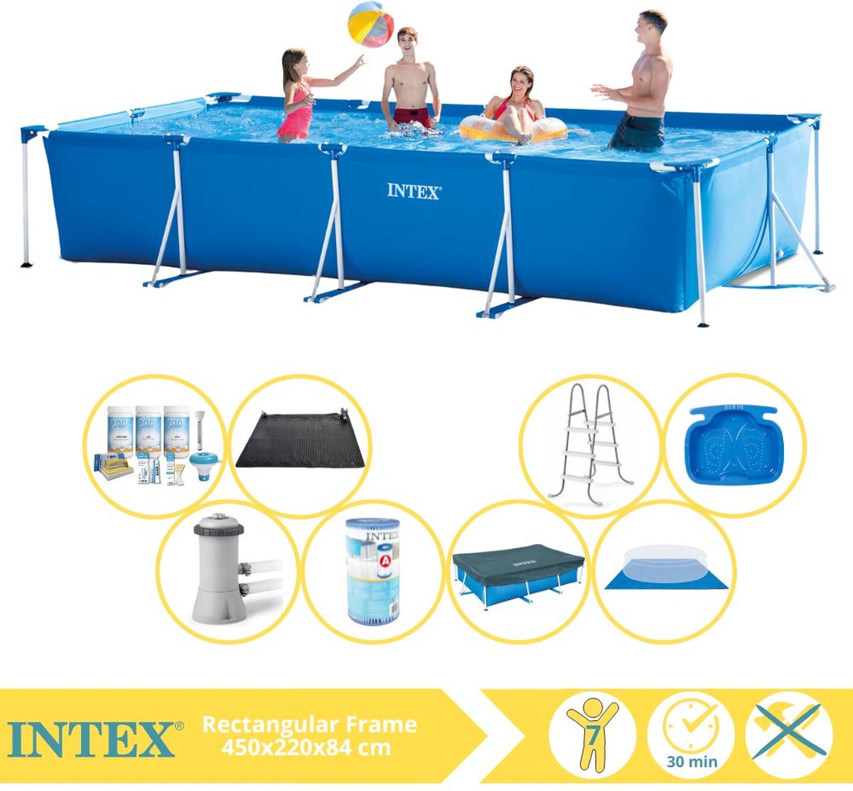   Rectangular Frame Zwembad - Opzetzwembad - 450x220x84 cm - Inclusief Afdekzeil, Onderhoudspakket, Filter, Grondzeil, Solar Mat, Trap en Voetenbad