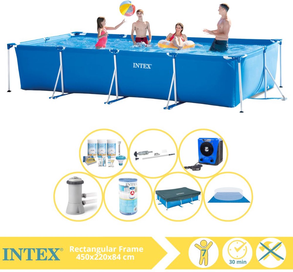   Rectangular Frame Zwembad - Opzetzwembad - 450x220x84 cm - Inclusief Afdekzeil, Onderhoudspakket, Zwembadpomp, Filter, Grondzeil, Stofzuiger en Warmtepomp HS