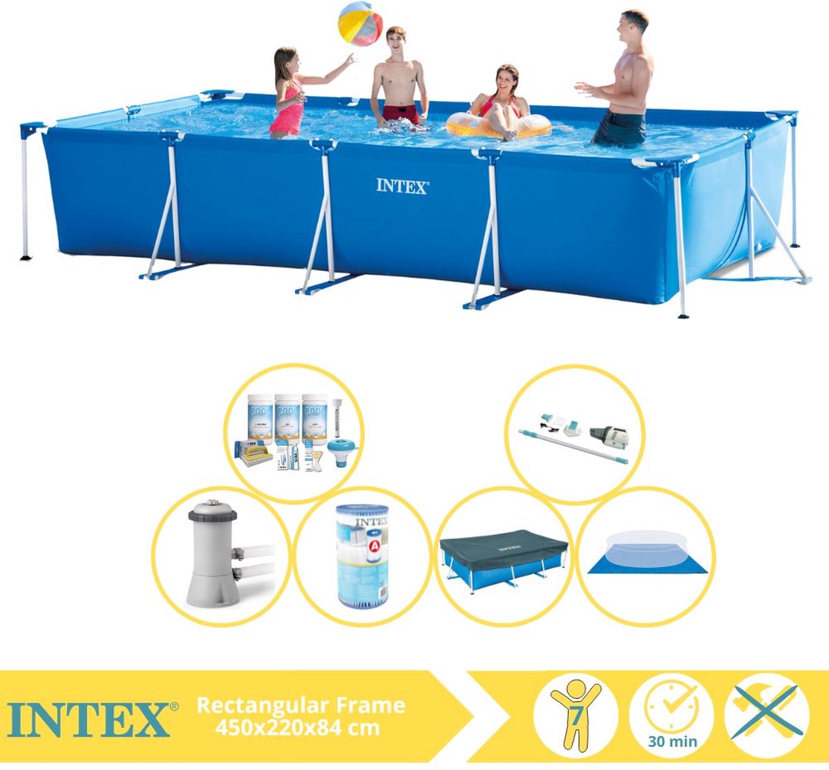   Rectangular Frame Zwembad - Opzetzwembad - 450x220x84 cm - Inclusief Afdekzeil, Onderhoudspakket, Zwembadpomp, Filter, Grondzeil en Stofzuiger