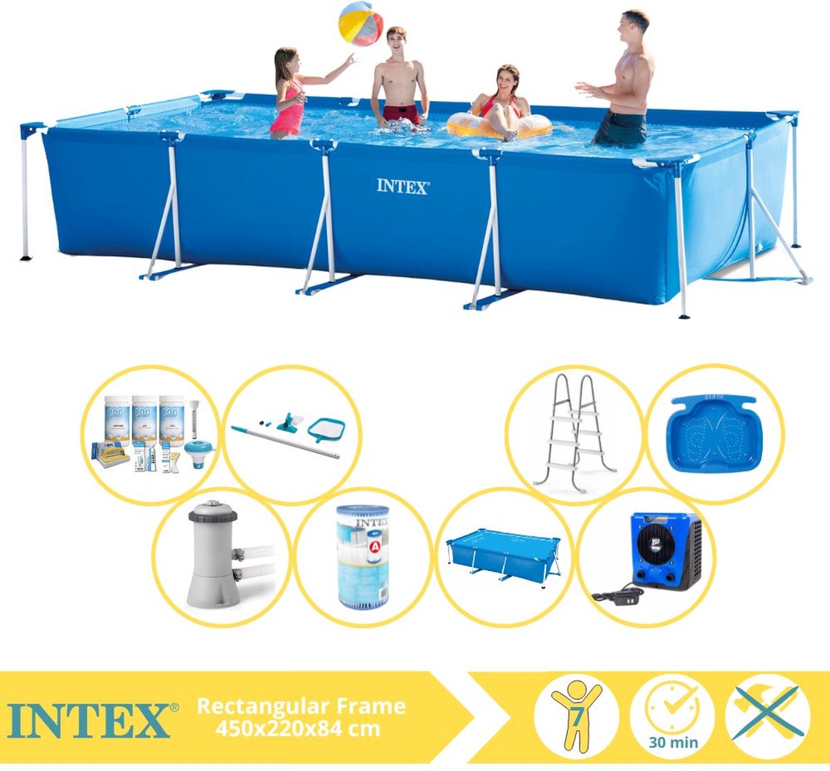   Rectangular Frame Zwembad - Opzetzwembad - 450x220x84 cm - Inclusief Solarzeil, Onderhoudspakket, Filter, Onderhoudsset, Trap, Voetenbad en Warmtepomp HS