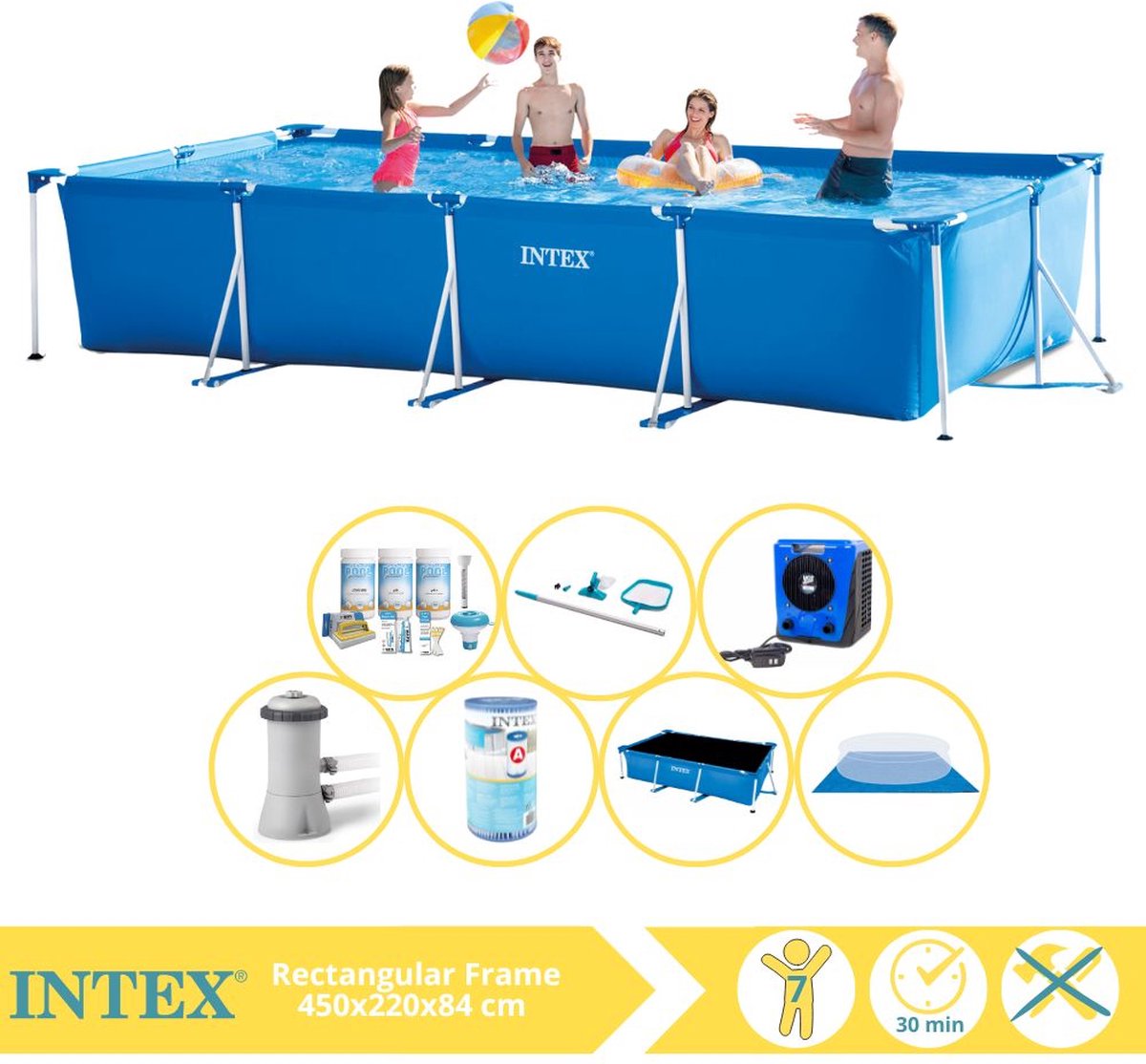   Rectangular Frame Zwembad - Opzetzwembad - 450x220x84 cm - Inclusief Solarzeil Pro, Onderhoudspakket, Zwembadpomp, Filter, Grondzeil, Onderhoudsset en Warmtepomp HS