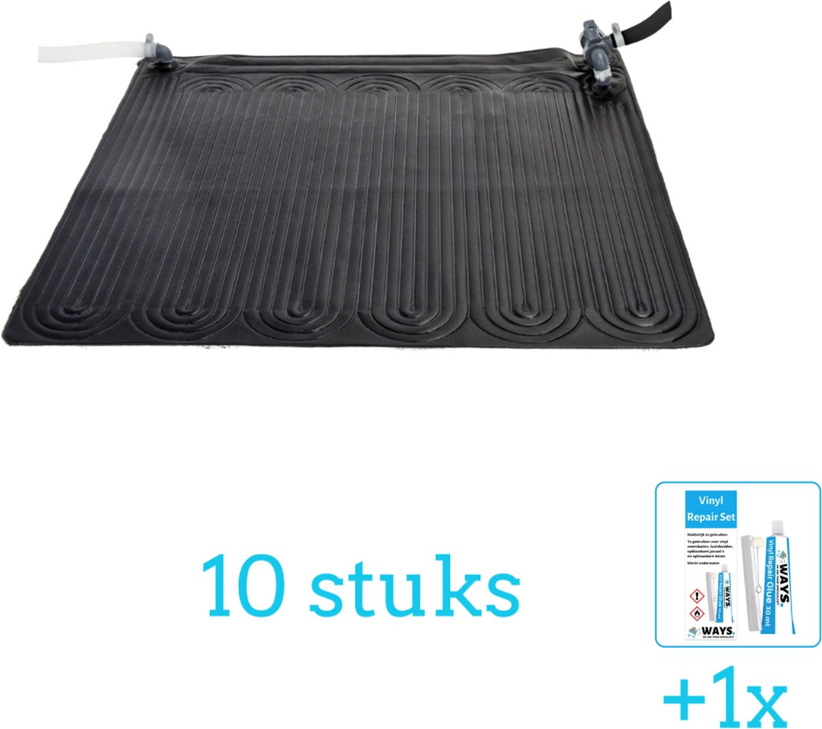   Solar Mat - Zwembad Verwarming - 28685 - 10 stuks - Voordeelverpakking - Inclusief WAYS Reparatiesetje (1 stuks) - Verwarming voor Zwembad - Zonneverwarming -   - Geschikt voor alle filterpompen met 32 en 38 mm