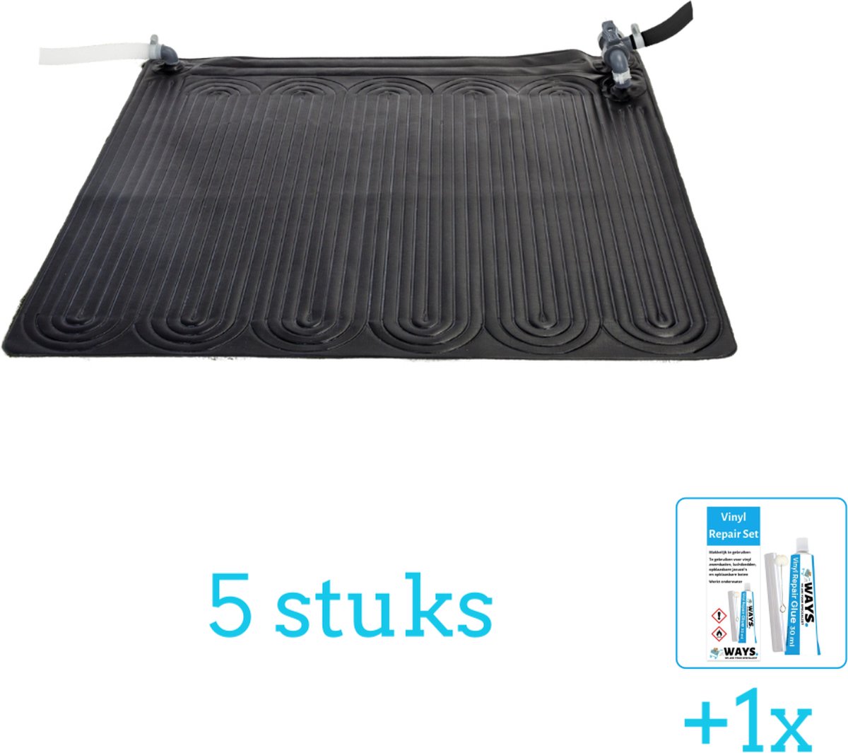   Solar Mat - Zwembad Verwarming - 28685 - 5 stuks - Voordeelverpakking - Inclusief WAYS Reparatiesetje (1 stuks) - Verwarming voor Zwembad - Zonneverwarming -   - Geschikt voor alle filterpompen met 32 en 38 mm