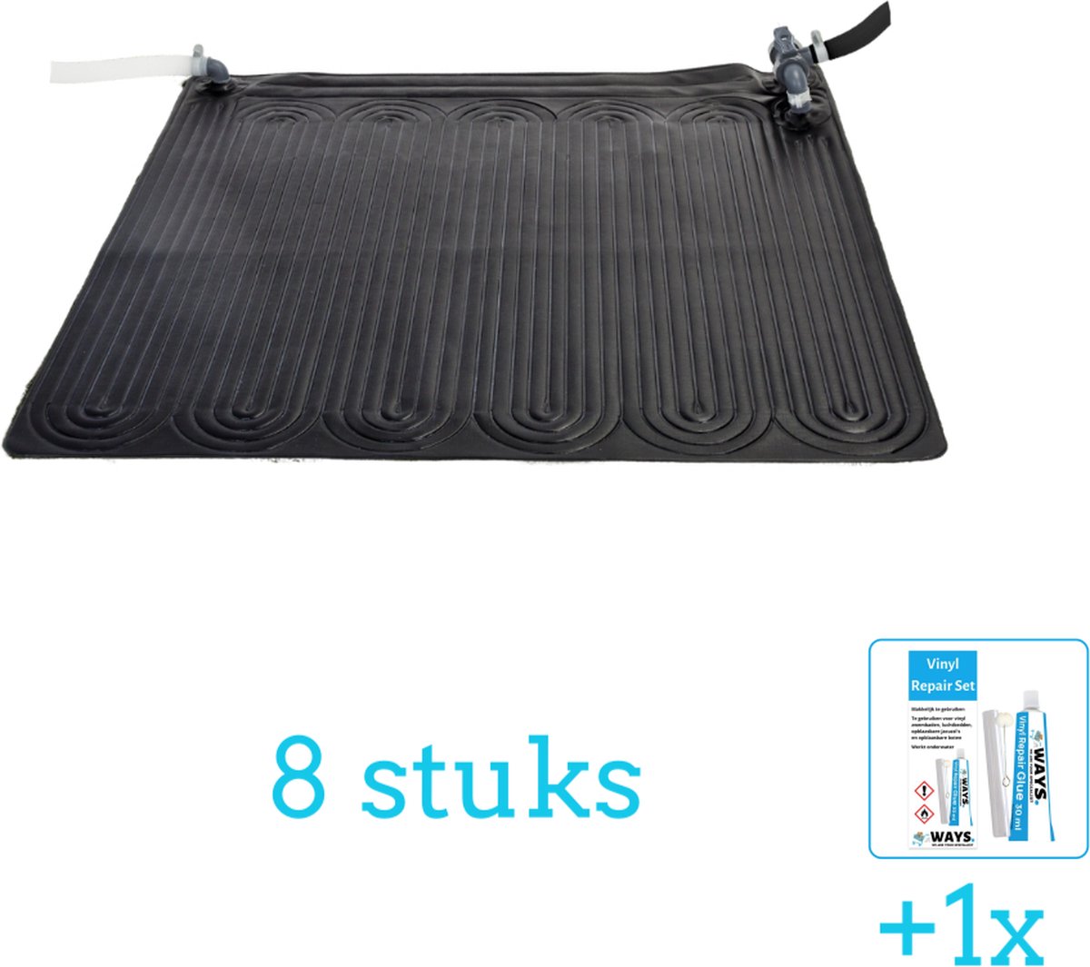   Solar Mat - Zwembad Verwarming - 28685 - 8 stuks - Voordeelverpakking - Inclusief WAYS Reparatiesetje (1 stuks) - Verwarming voor Zwembad - Zonneverwarming -   - Geschikt voor alle filterpompen met 32 en 38 mm