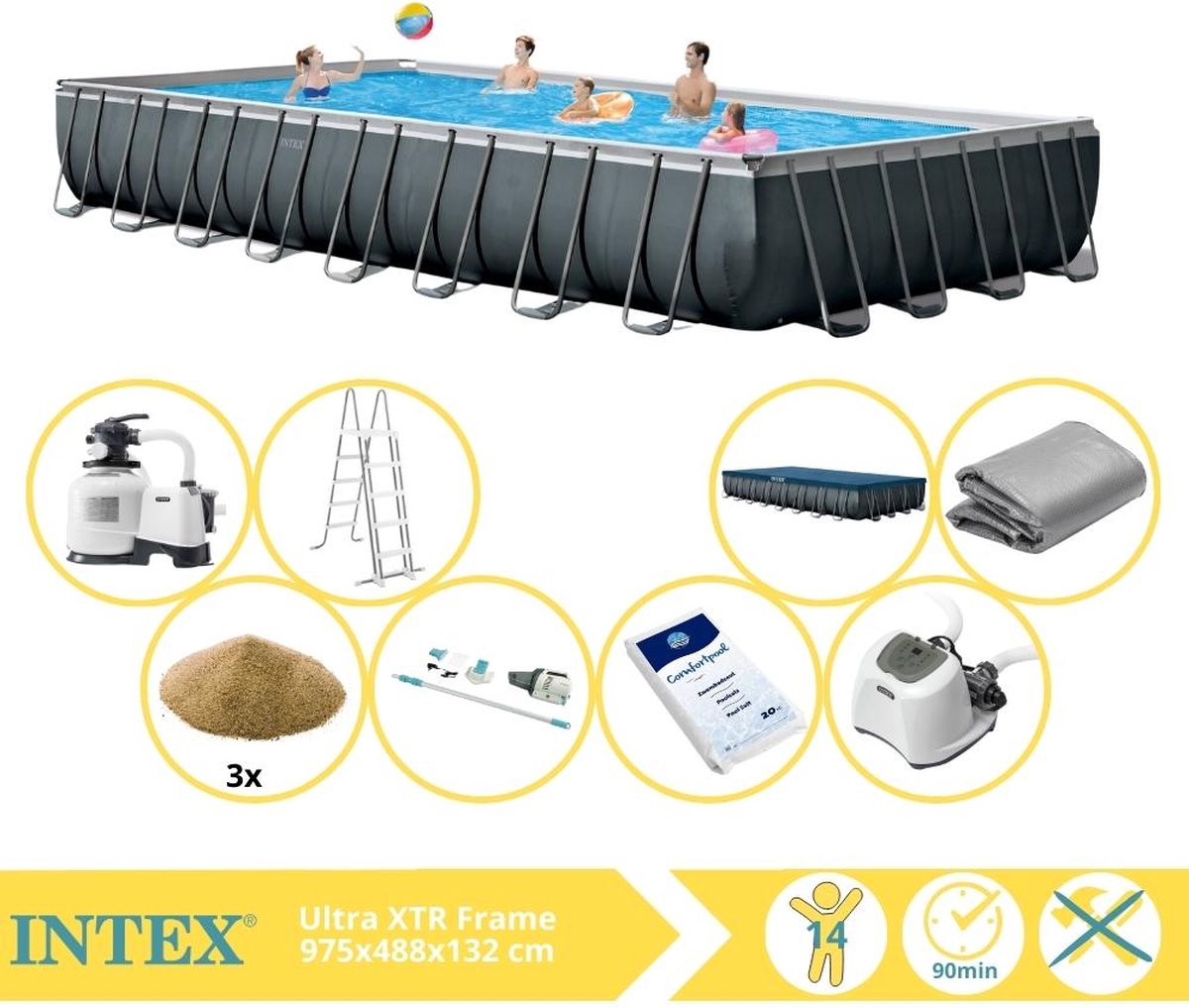 Intex Ultra XTR Frame Zwembad - Opzetzwembad - 975x488x132 cm - Inclusief Filterzand, Stofzuiger, Zoutsysteem en Zout