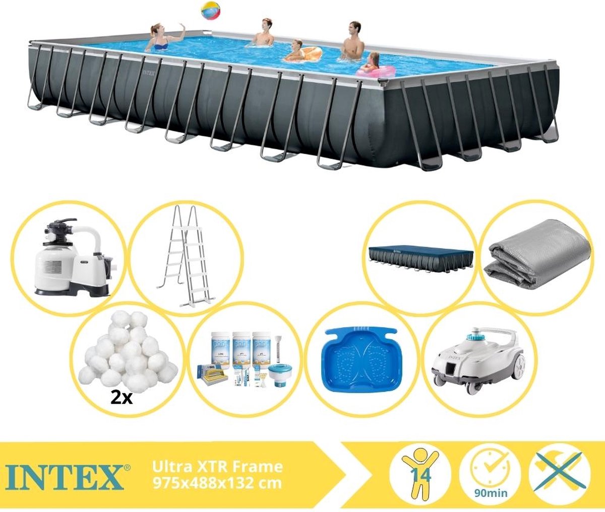 Intex Ultra XTR Frame Zwembad - Opzetzwembad - 975x488x132 cm - Inclusief Onderhoudspakket, Filterbollen, Luxe Zwembad Stofzuiger en Voetenbad