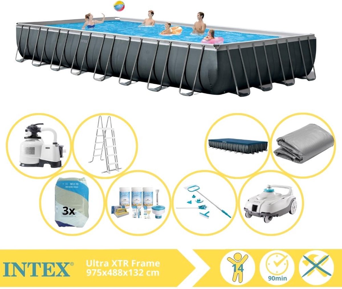 Intex Ultra XTR Frame Zwembad - Opzetzwembad - 975x488x132 cm - Inclusief Onderhoudspakket, Filterzand, Onderhoudsset en Zwembad Stofzuiger