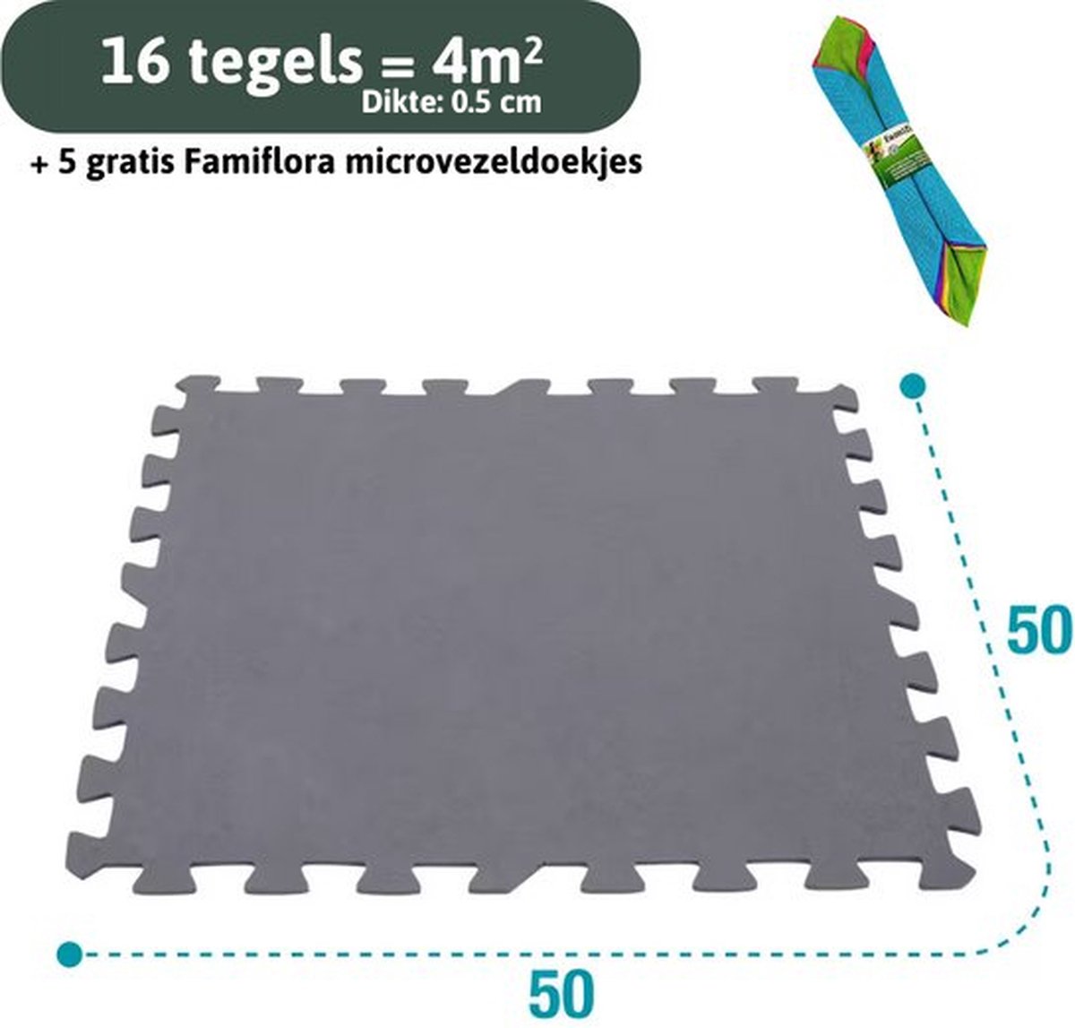   grijze zwembadtegels 29084 4m² - 16 tegels van 50x50 cm (=4m²) - Dikte vloertegels 5MM - Met 5 Famiflora microvezeldoeken