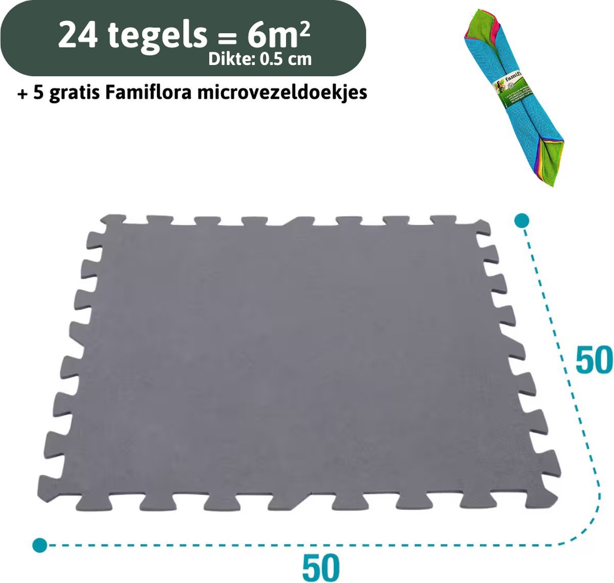   grijze zwembadtegels 29084 6m² - 24 tegels van 50x50 cm (=6m²) - Dikte vloertegels 5MM - Met 5 Famiflora microvezeldoeken